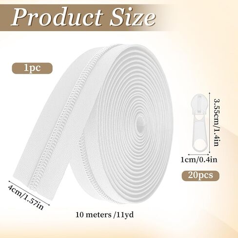 #10 Nylon Coil Zippers 11 Yards 390 Inches White Nylon Coil Zippers by The Yards with 20 PCS Pulls Sliders for DIY Sewing Craft Bags, White in Saudi Arabia
