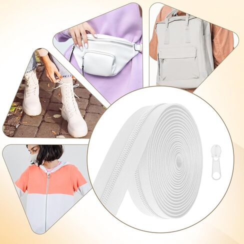 #10 Nylon Coil Zippers 11 Yards 390 Inches White Nylon Coil Zippers by The Yards with 20 PCS Pulls Sliders for DIY Sewing Craft Bags, White in Saudi Arabia