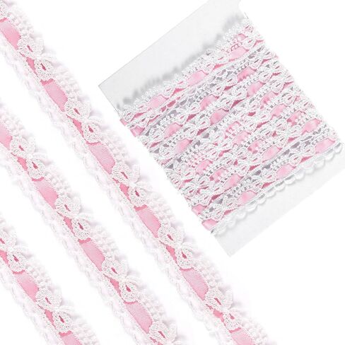 2 Yards Pink Lace Ribbon, White Bow Lace Trim Vintage Pink Ruffle Ribbon, Ruffle Moonstitc Ribbon Laces Trim for Gift Wrapping, Bouquet Packaging, DIY Crafts, Wedding Decorations, Party Decoration in Saudi Arabia