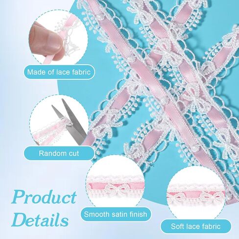 2 Yards Pink Lace Ribbon, White Bow Lace Trim Vintage Pink Ruffle Ribbon, Ruffle Moonstitc Ribbon Laces Trim for Gift Wrapping, Bouquet Packaging, DIY Crafts, Wedding Decorations, Party Decoration in Saudi Arabia