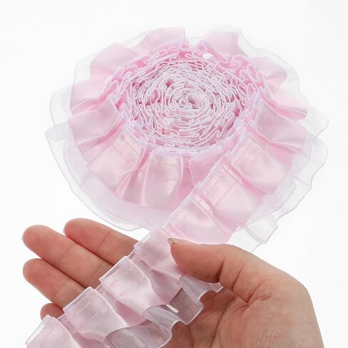 Pink Lace Trim, 6y 2-Layer Pink Lace Ruffled Ribbon, Satin Organza Pleated Edging Trimmings Ruffle Ribbon, Ruffle Trim for Home, DIY, Sewing, Crafts, Costume(4.5cm×6yard) in Kuwait