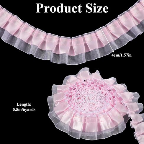 Pink Lace Trim, 6y 2-Layer Pink Lace Ruffled Ribbon, Satin Organza Pleated Edging Trimmings Ruffle Ribbon, Ruffle Trim for Home, DIY, Sewing, Crafts, Costume(4.5cm×6yard) in Kuwait