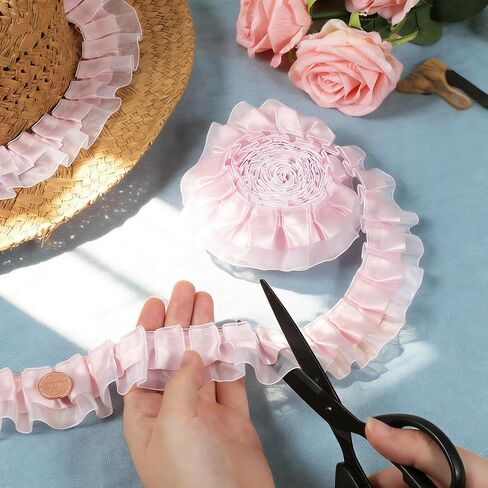 Pink Lace Trim, 6y 2-Layer Pink Lace Ruffled Ribbon, Satin Organza Pleated Edging Trimmings Ruffle Ribbon, Ruffle Trim for Home, DIY, Sewing, Crafts, Costume(4.5cm×6yard) in Kuwait