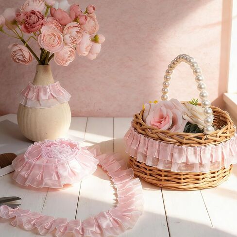 Pink Lace Trim, 6y 2-Layer Pink Lace Ruffled Ribbon, Satin Organza Pleated Edging Trimmings Ruffle Ribbon, Ruffle Trim for Home, DIY, Sewing, Crafts, Costume(4.5cm×6yard) in Kuwait