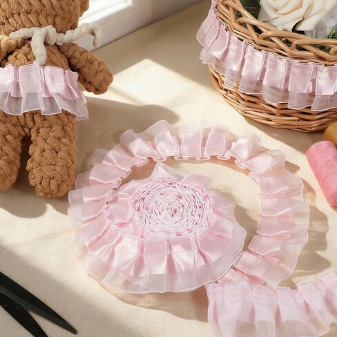 Pink Lace Trim, 6y 2-Layer Pink Lace Ruffled Ribbon, Satin Organza Pleated Edging Trimmings Ruffle Ribbon, Ruffle Trim for Home, DIY, Sewing, Crafts, Costume(4.5cm×6yard) in Kuwait