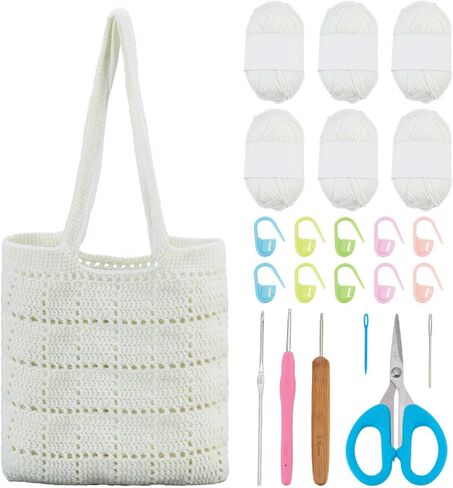 ACRNIGHEET Crochet Bag Kit for Beginners Crochet Purse for Women DIY Tote Bag Making Kit with English Tutorials Knitting Supplies for Adults Crafts Autumn Winter Boho Gift Idea (White) in Saudi Arabia