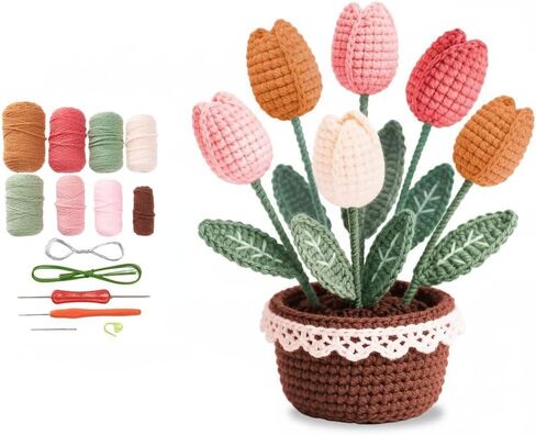 Vigoarush Tulip Crochet Plants Kit for Starters, Complete Easy Crochet Set for Beginners Adults with Step-by-Step Tutorials, Unique Friend Gifts for Women in Saudi Arabia