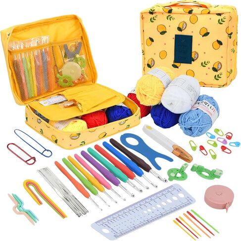 مجموعة أدوات ومستلزمات الكروشيه BJSSBJH، مجموعة خطافات كروشيه مكونة من 57 قطعة مع خيوط وإكسسوارات، مجموعة أدوات يدوية محمولة للمبتدئين البالغين والحرفيين ذوي الخبرة (نمط) in Kuwait