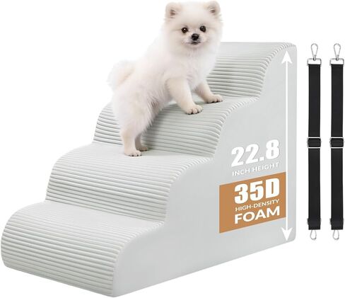 Dog Stairs for Bed Up to 24" H, Extra Height 22.8" 4-Step Pet Steps for Small Dogs and Cats, Non-Slip Sturdy Dog Ramp with Anti-Tip Safety Strap and Washable Cover,Balanced Ramp Indoor Pet Stairs in Saudi Arabia