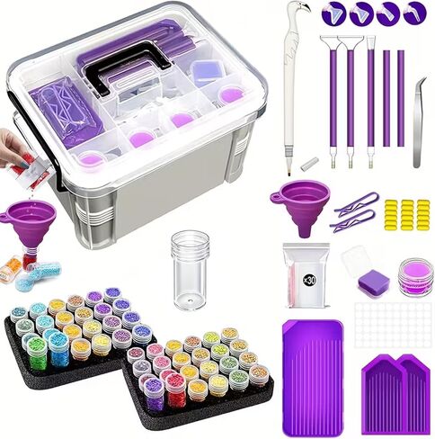 CXJINZE أدوات الطلاء الماسية ملحقات تخزين عدة 111 قطعة مجموعة 5D صندوق أدوات محمول مع مقبض مجوهرات حرفية تخزين الخرز صندوق وردي صواني فنية لملحقات وأدوات الرسم الماسي in Kuwait