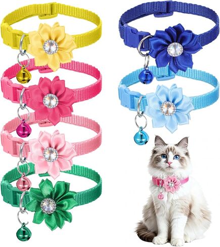 6 PCS Cute Cat Collar Breakaway with Bell, Adjustable Flower Girl Cat Collars, Rhinestone Kitten Collar Breakaway with Bells, Solid Color Cats Bell Collars, 6 Colors in Saudi Arabia