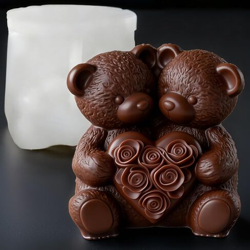 3D Rose Bear Silicone Molds Candle Making Molds Mother's Day Silicone Molds Resin Silicone Mold for Women Gifts,Birthday/Wedding/Mother/Father Gift,and Window Display (Two Bears Heart) in Saudi Arabia