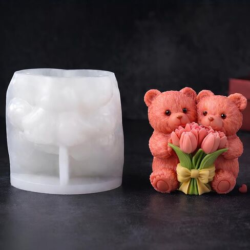 3D Rose Bear Silicone Molds Candle Making Molds Mother's Day Silicone Molds Resin Silicone Mold for Women Gifts,Birthday/Wedding/Mother/Father Gift,and Window Display (Two Bears Heart) in Saudi Arabia