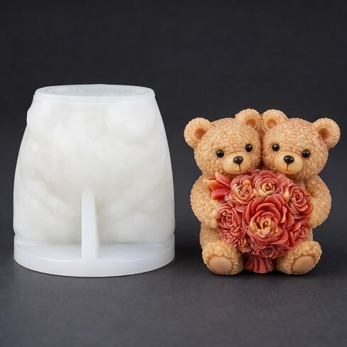 3D Rose Bear Silicone Molds Candle Making Molds Mother's Day Silicone Molds Resin Silicone Mold for Women Gifts,Birthday/Wedding/Mother/Father Gift,and Window Display (Two Bears Heart) in Saudi Arabia