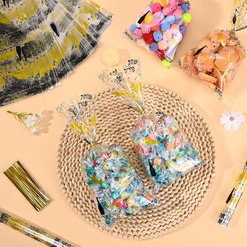 150 Pcs Purim Cellophane Treat Bags Black Gold Happy Purim Goodie Candy Treat Bags for Jewish Carnival Purim Party Favor Supplies in Saudi Arabia