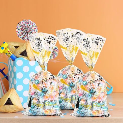 150 Pcs Purim Cellophane Treat Bags Black Gold Happy Purim Goodie Candy Treat Bags for Jewish Carnival Purim Party Favor Supplies in Saudi Arabia