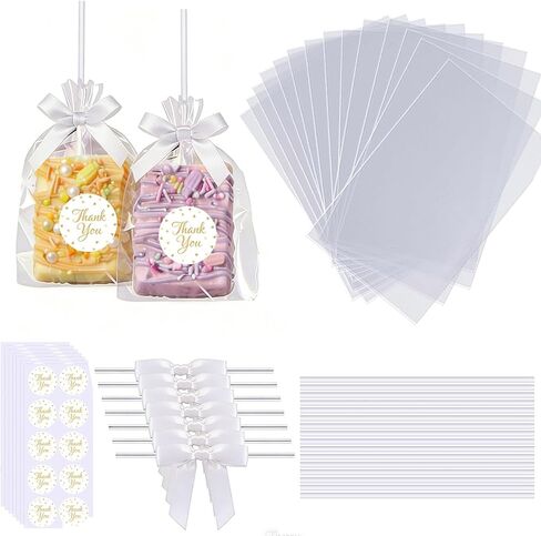 100 قطعة من أكياس حلوى رايس كريسبي الشفافة مع شريط فيونكة وملصقات شكرًا لك، وأكياس سيلوفان مسطحة لقوالب الكيك المغلفة بشكل فردي، وكعكات الكيك، والحلوى، والشوكولاتة، والخطمي، والماكارون، والبسكويت (فيونكة وردية) in Kuwait
