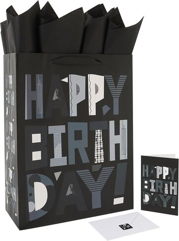 wishinside 16.5" Extra Large Black Happy Birthday Gift Bag Set with Handles, Greeting Card, Tissue Papers and Stickers for Men Boys Kids Teens, Cartoon Design, 1 Pcs in Saudi Arabia