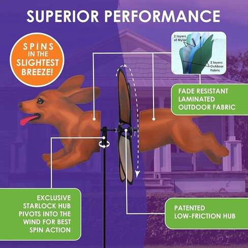Premier Kites Petite Spinner Dachshund - دوار الرياح غريب الأطوار للفناء والحديقة، نسيج متين مقاوم للطقس، سهل التجميع، ديكور خارجي للباحات والمروج ومحبي الجنيات in Saudi Arabia