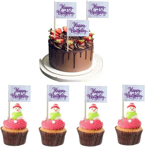 100 Pcs Silvery Happy Birthday Cupcake Flags Mini Happy Birthday Party Theme Toothpick Stick Flags Happy Birthday Anniversary Cupcake Toppers Cocktail Food Flag Decorations in Saudi Arabia