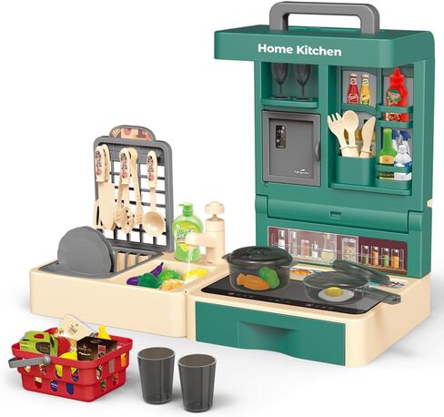 مجموعة ألعاب المطبخ التظاهري، لعبة لعب الأدوار القابلة للطي مع 45 قطعة من الطعام الواقعي، الفواكه والخضروات، أواني الطبخ، سلة المغسلة، إلخ، ألعاب تعليمية داخلية وخارجية محمولة للأطفال من عمر 3 سنوات in Kuwait