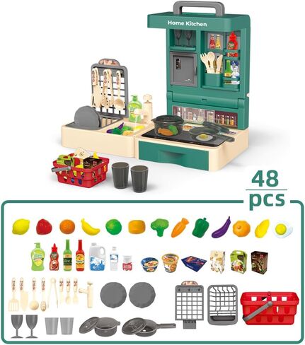 مجموعة ألعاب المطبخ التظاهري، لعبة لعب الأدوار القابلة للطي مع 45 قطعة من الطعام الواقعي، الفواكه والخضروات، أواني الطبخ، سلة المغسلة، إلخ، ألعاب تعليمية داخلية وخارجية محمولة للأطفال من عمر 3 سنوات in Kuwait