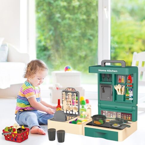 مجموعة ألعاب المطبخ التظاهري، لعبة لعب الأدوار القابلة للطي مع 45 قطعة من الطعام الواقعي، الفواكه والخضروات، أواني الطبخ، سلة المغسلة، إلخ، ألعاب تعليمية داخلية وخارجية محمولة للأطفال من عمر 3 سنوات in Kuwait