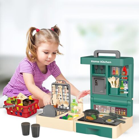 مجموعة ألعاب المطبخ التظاهري، لعبة لعب الأدوار القابلة للطي مع 45 قطعة من الطعام الواقعي، الفواكه والخضروات، أواني الطبخ، سلة المغسلة، إلخ، ألعاب تعليمية داخلية وخارجية محمولة للأطفال من عمر 3 سنوات in Kuwait