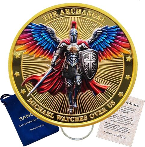 Archangel Michael Watches Over Us Challenge Coin, Handcrafted and Blessed in The Holy Land, Psalm 91:10-11, Religious Collectible with Protective Case, The Original with Gift Pouch and Certificate in Saudi Arabia