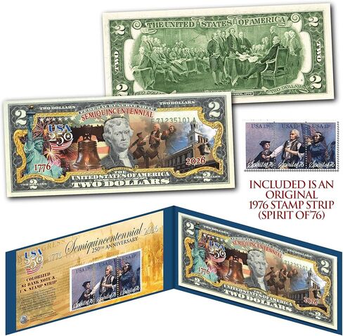 America 250th Anniversary Spirit of '76 Genuine Postage 1976 Stamp Panel + July 4th USA 250 $2 Bill Collectible Combo in Saudi Arabia