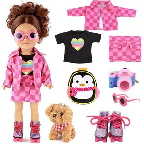 American 18 Inch Doll Clothes & Accessories Set – Includes Pink Plaid Coat, Heart T-Shirt, Skating Shoes, Pet Dog, Penguin Backpack, Camera, Glasses & More – Perfect for 18" Dolls (No Doll) in Saudi Arabia