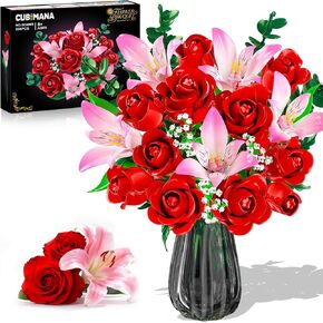 Rose Flower Bouquet Building Set with LED - Red Rose Botanical Collection Building Block Set for Adults, Pink Lilies Artificial Plant for Home Decor, Valentine's Day Gifts for Her Women Girls in Kuwait