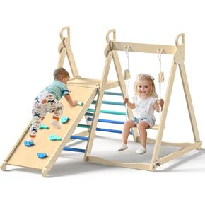 BlueWood 4 in 1 Indoor Jungle Gym, Foldable Wooden Climbing Set with Swing, Slide, Ladder and Climbing Wall, Montessori Philosophy Climber Playset for Kids Aged 2+ (Rainbow) in Kuwait