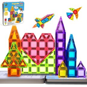 Enjoyjoy Mini Magnetic Tiles - 50PCS Travel Magnetic Tiles Set with Metal Case Portable STEM Toys for Kids Magnet Building Blocks Ages 3+ Boys and Girls Valentines Day Gifts for Kids in Saudi Arabia