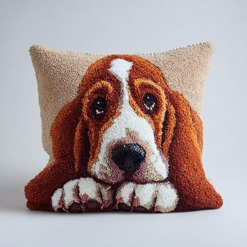 DIY Latch Hook Pillow Kit Cartoon Cute Basset Hound Dog Portrait Easy for Beginners Color-Stamped Canvas Cushion 43x43cm Sofa Bedroom Decor Craft-1 in Saudi Arabia