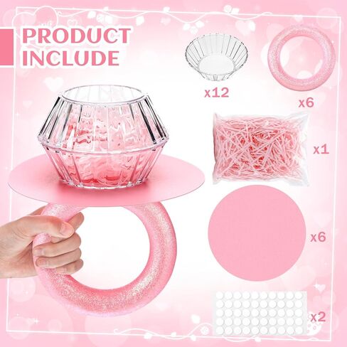 6 مجموعات من علب هدايا عيد الحب، مجموعة DIY عدة وردية عملاقة على شكل خاتم حلوى ماسي لتزيين صندوق حلوى مع وعاء شفاف وحلقة إسفنجية لامعة لعيد الحب الرومانسي جالنتين DIY هدية مقترحة لحفلات الزفاف in Saudi Arabia