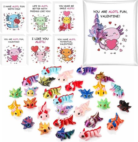 Honoson 28 Set Mini 3D Printed Axolotl Valentines Gifts Fidget Toys 3D Printed Animal Figurines with Card Flexible Articulated Fidget Supplies for Valentine's Day Classroom Exchange Gifts(Colorful) in Saudi Arabia