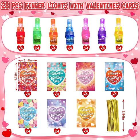 Valentine's Day Gifts for Kids, 28 Pcs Valentine's Day Cards with Finger Lights, Valentine Light Up Toys for Girls School Classroom Exchange Party Favors Gifts in Saudi Arabia