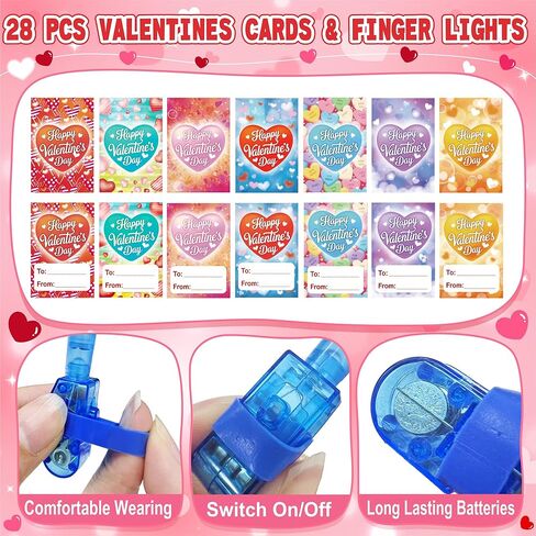 Valentine's Day Gifts for Kids, 28 Pcs Valentine's Day Cards with Finger Lights, Valentine Light Up Toys for Girls School Classroom Exchange Party Favors Gifts in Saudi Arabia