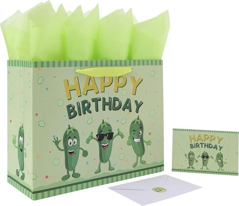 13'' Large Pickle Birthday Gift Bag Set with Handles, Greeting Card, Green Tissue Papers and Stickers for Women Boys Girls Kids Teens for Cucumber Birthday, Baby Shower, Vegetable Themed Design, 1 Pcs in Saudi Arabia