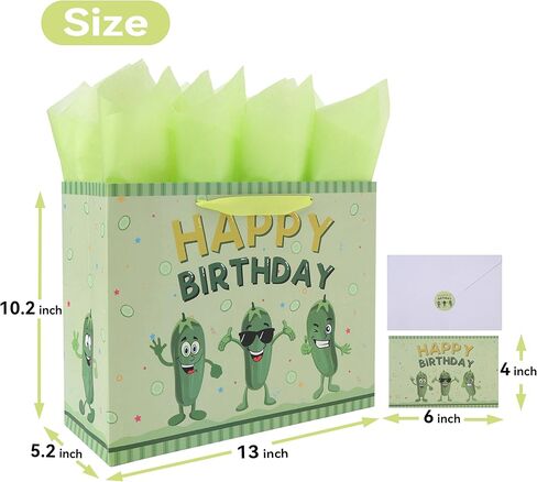 13'' Large Pickle Birthday Gift Bag Set with Handles, Greeting Card, Green Tissue Papers and Stickers for Women Boys Girls Kids Teens for Cucumber Birthday, Baby Shower, Vegetable Themed Design, 1 Pcs in Saudi Arabia