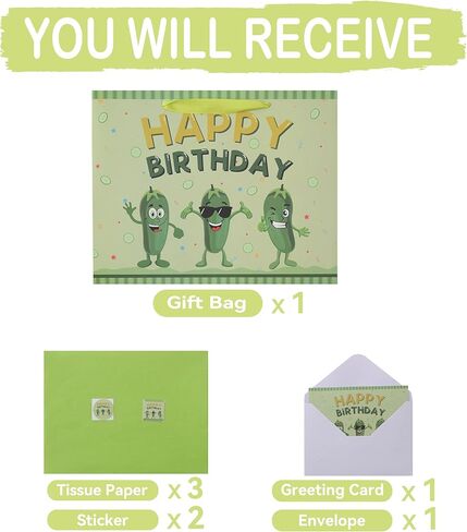 13'' Large Pickle Birthday Gift Bag Set with Handles, Greeting Card, Green Tissue Papers and Stickers for Women Boys Girls Kids Teens for Cucumber Birthday, Baby Shower, Vegetable Themed Design, 1 Pcs in Saudi Arabia