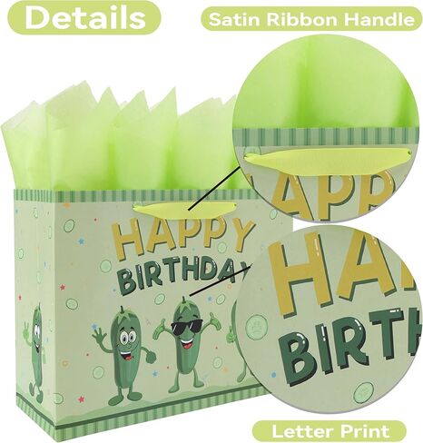 13'' Large Pickle Birthday Gift Bag Set with Handles, Greeting Card, Green Tissue Papers and Stickers for Women Boys Girls Kids Teens for Cucumber Birthday, Baby Shower, Vegetable Themed Design, 1 Pcs in Saudi Arabia