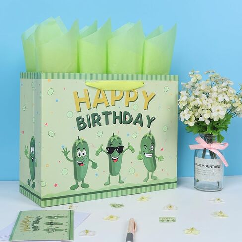 13'' Large Pickle Birthday Gift Bag Set with Handles, Greeting Card, Green Tissue Papers and Stickers for Women Boys Girls Kids Teens for Cucumber Birthday, Baby Shower, Vegetable Themed Design, 1 Pcs in Saudi Arabia