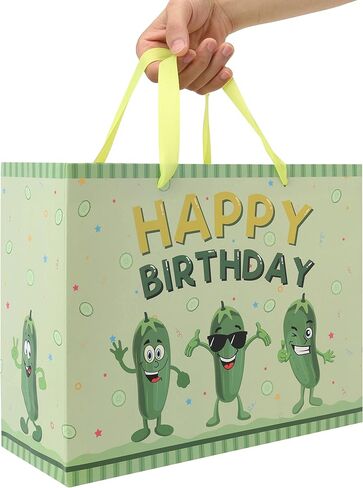 13'' Large Pickle Birthday Gift Bag Set with Handles, Greeting Card, Green Tissue Papers and Stickers for Women Boys Girls Kids Teens for Cucumber Birthday, Baby Shower, Vegetable Themed Design, 1 Pcs in Saudi Arabia