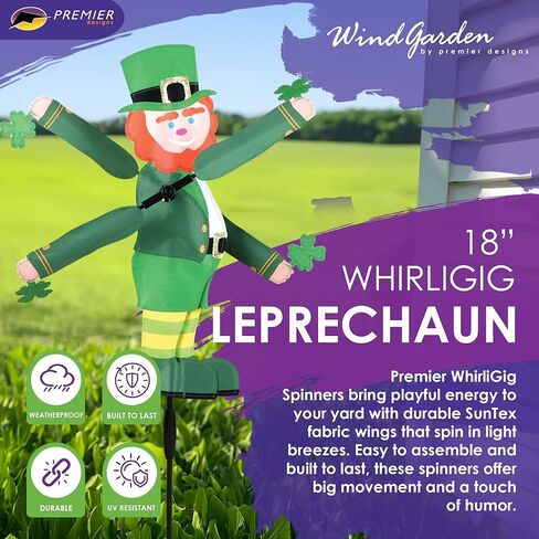 Whirligig Spinner Leprechaun 18 بوصة - تصميم احتفالي لعيد القديس باتريك، ديكور خارجي مقاوم للطقس، متين وخفيف الوزن للباحات والساحات والحدائق - دوار الرياح اللافت للنظر in Saudi Arabia