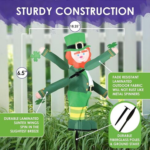 Whirligig Spinner Leprechaun 18 بوصة - تصميم احتفالي لعيد القديس باتريك، ديكور خارجي مقاوم للطقس، متين وخفيف الوزن للباحات والساحات والحدائق - دوار الرياح اللافت للنظر in Saudi Arabia