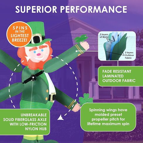 Whirligig Spinner Leprechaun 18 بوصة - تصميم احتفالي لعيد القديس باتريك، ديكور خارجي مقاوم للطقس، متين وخفيف الوزن للباحات والساحات والحدائق - دوار الرياح اللافت للنظر in Saudi Arabia