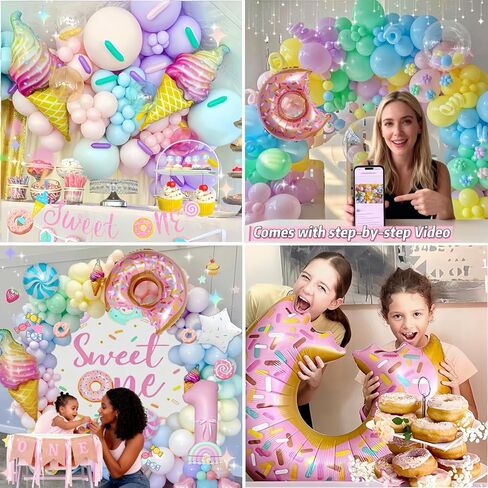 1st Birthday Decorations for Girl, 128pcs Sweet One Birthday Party Decorations, Balloon Boxes, Party Backdrop, Photo Banner, Donuts Ice Cream Candy Balloons Garland in Saudi Arabia
