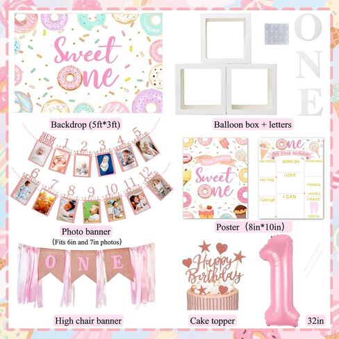1st Birthday Decorations for Girl, 128pcs Sweet One Birthday Party Decorations, Balloon Boxes, Party Backdrop, Photo Banner, Donuts Ice Cream Candy Balloons Garland in Saudi Arabia